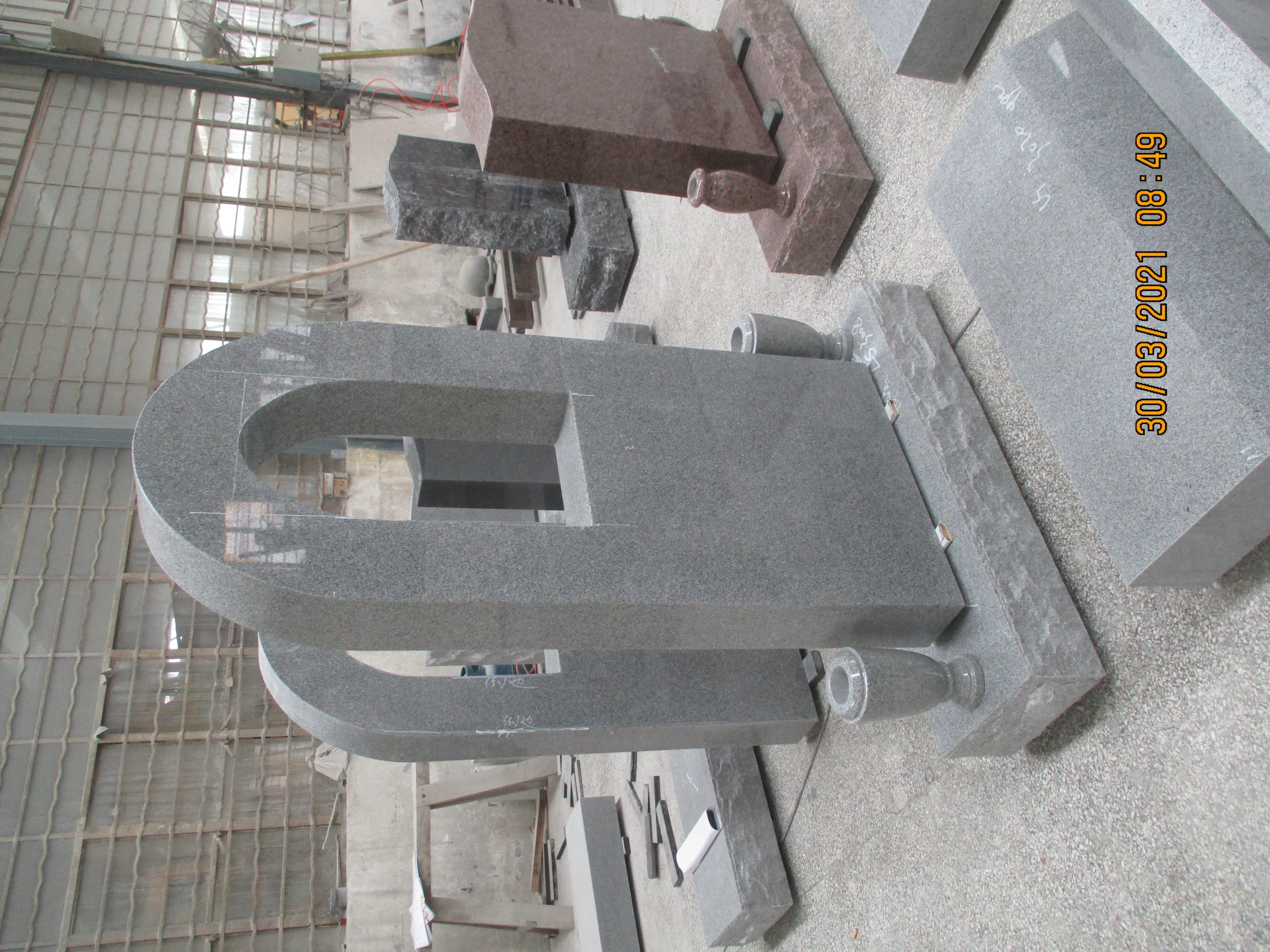 Modern Grey Granite Arched Headstone with Vases