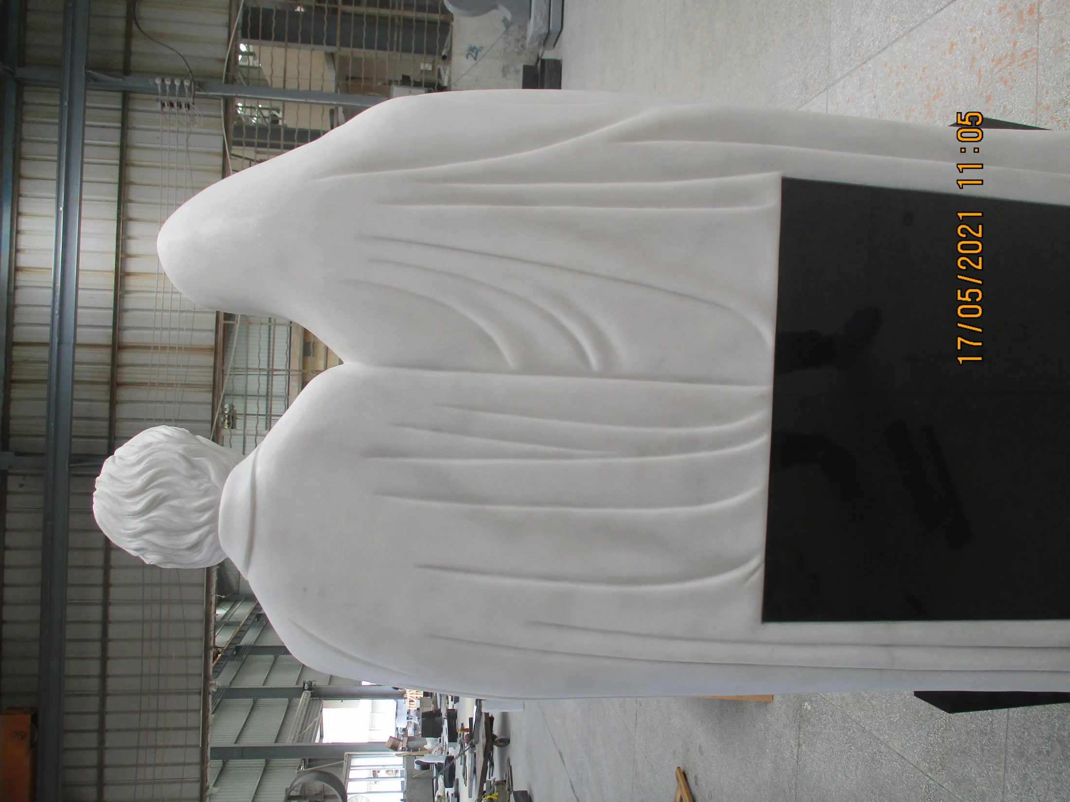 White Marble Statue Headstone with Black Granite Plaque