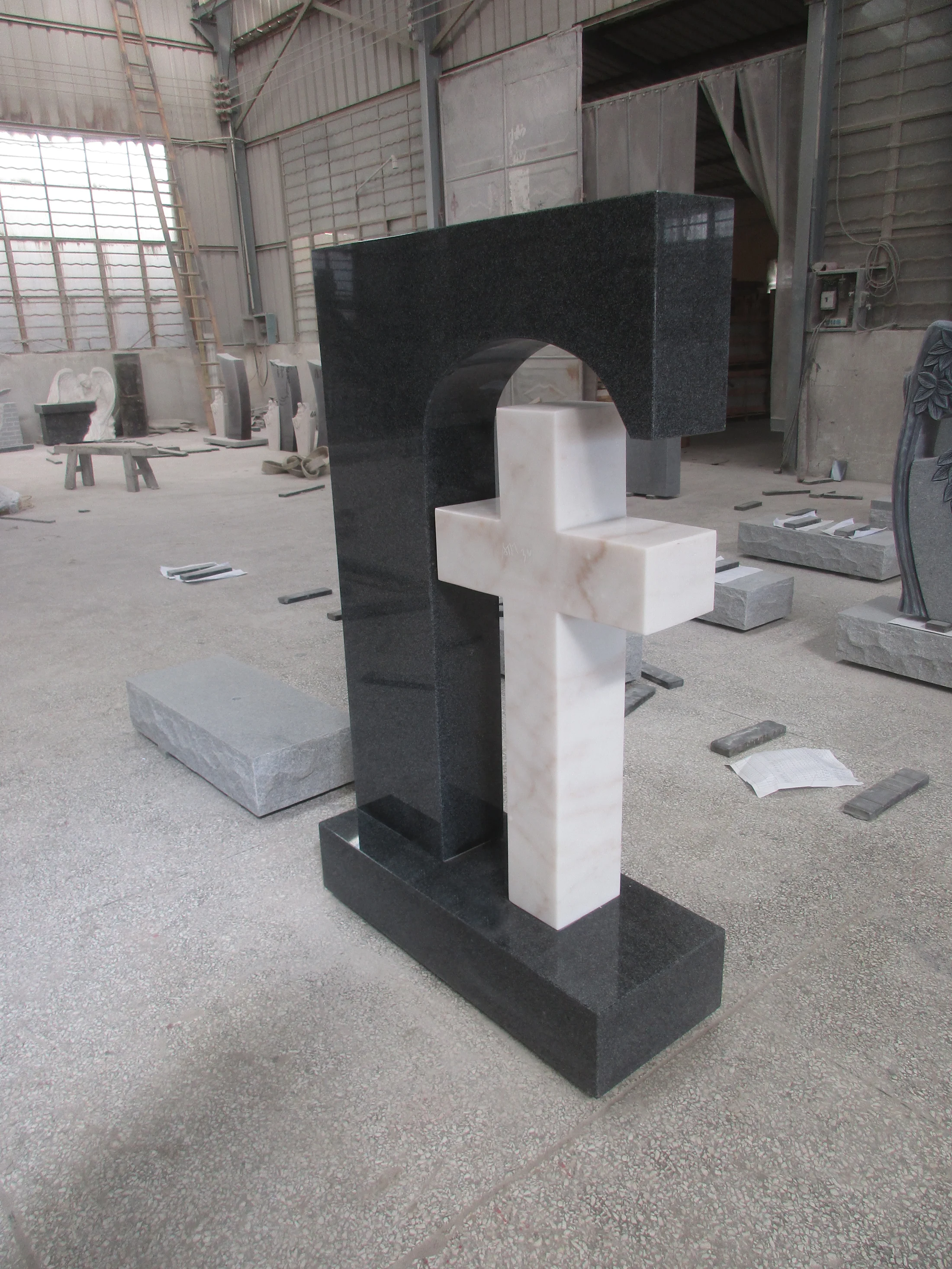 Durable Black Galaxy Granite Christian Cross Arch Monument