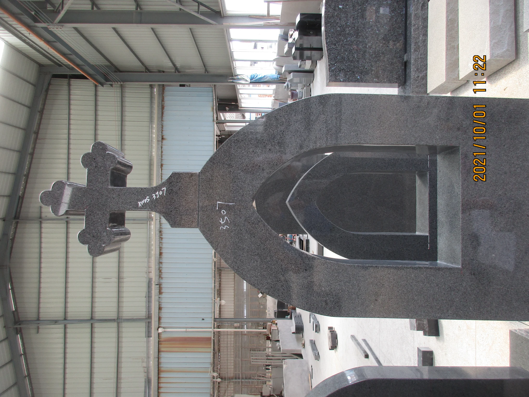 Polished Black Granite Arch Headstone with Cross