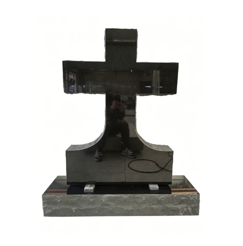 Black Granite Cross Tombstone with Base