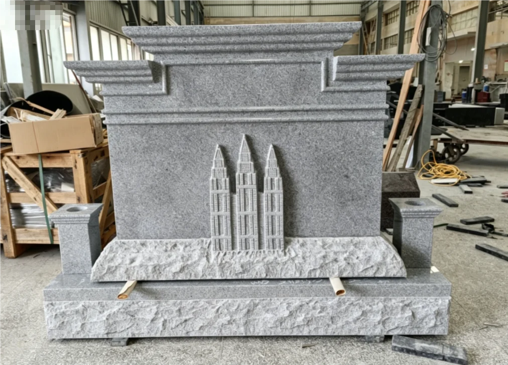 Grey Granite Headstone with Temple Relief & Twin Flower Vases