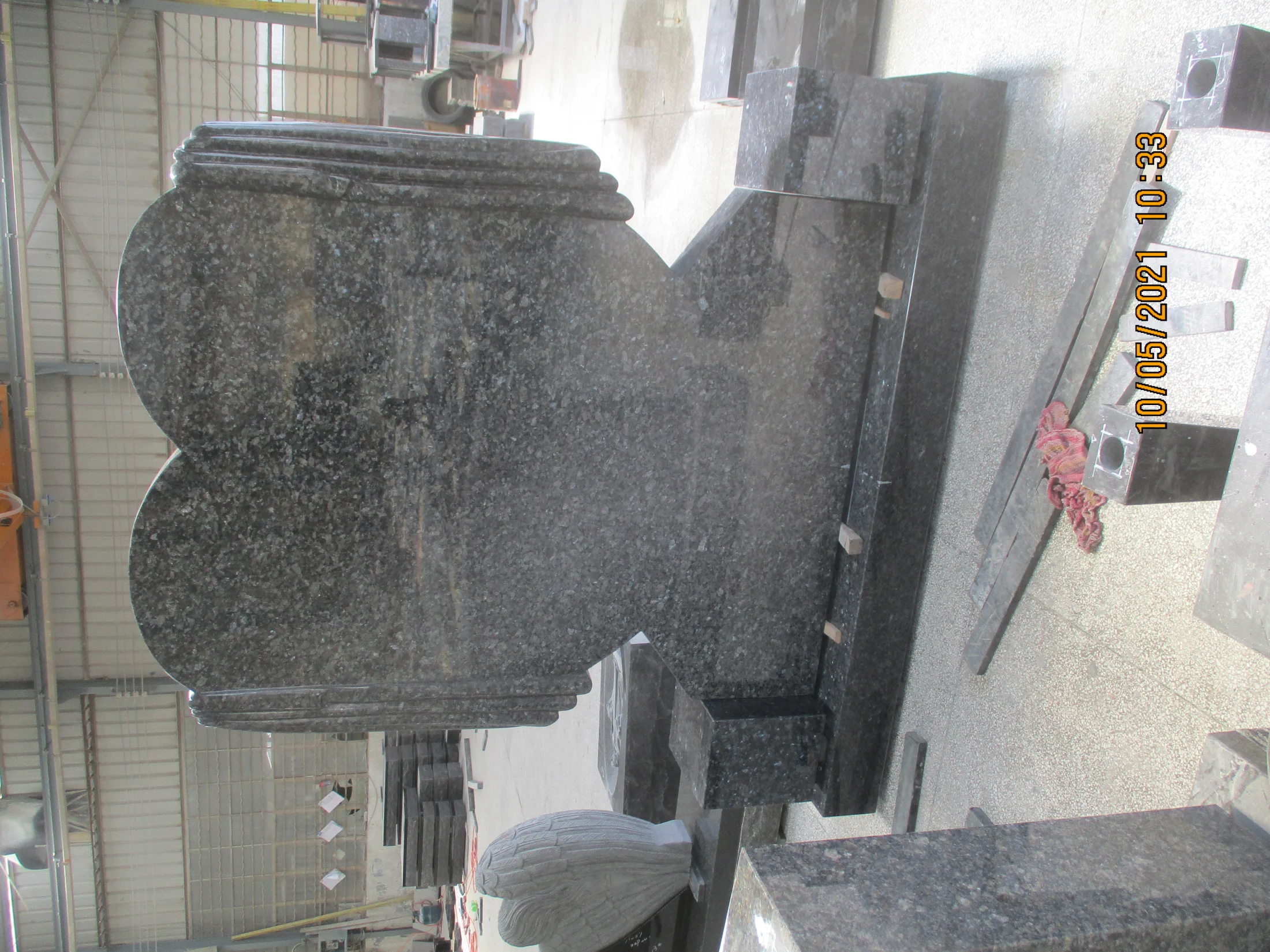 Blue Pearl Granite Double Heart Headstone with Drapery Carving