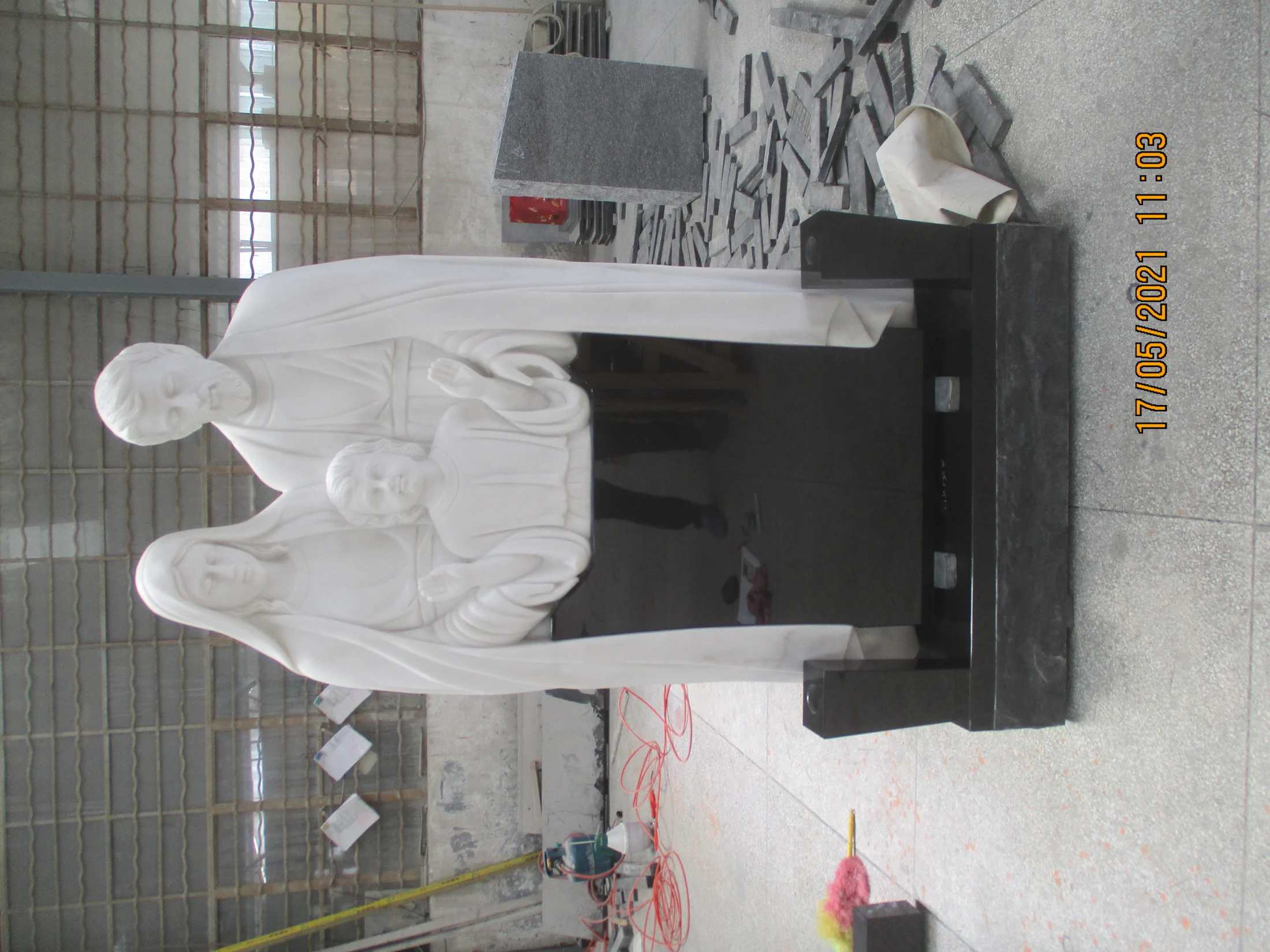 Holy Family Hand-Carved White Marble and Black Granite Headstone