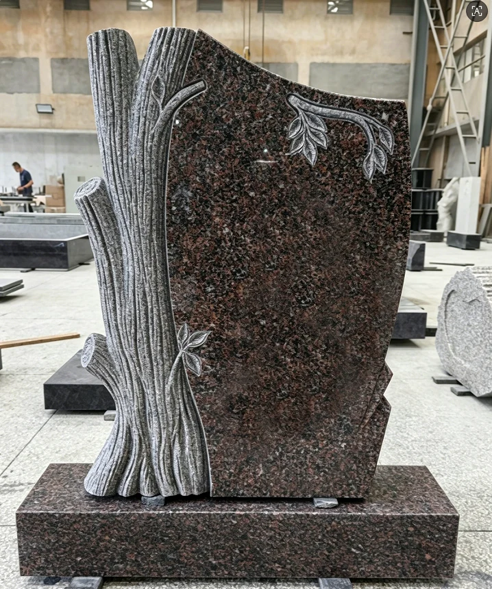 Lápida tallada en granito de color marrón rojizo