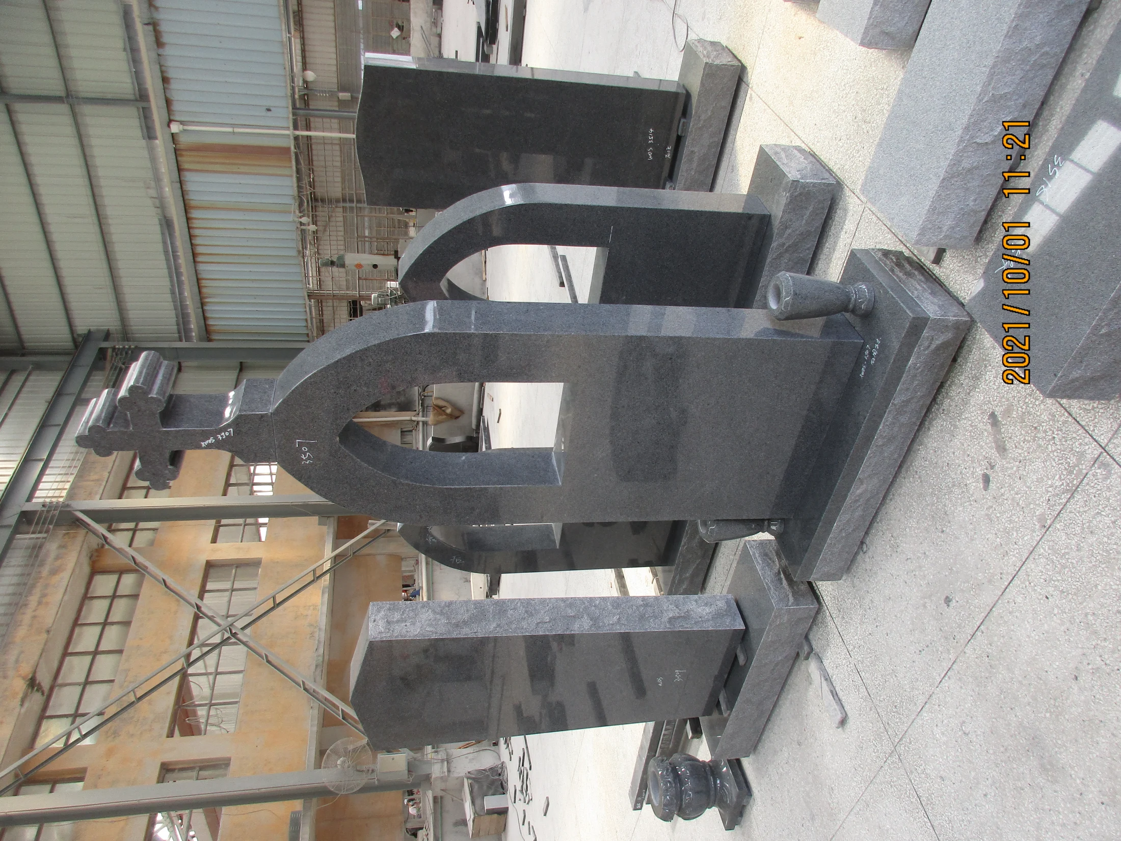 Polished Dark Granite Arch Headstone with Orthodox Cross