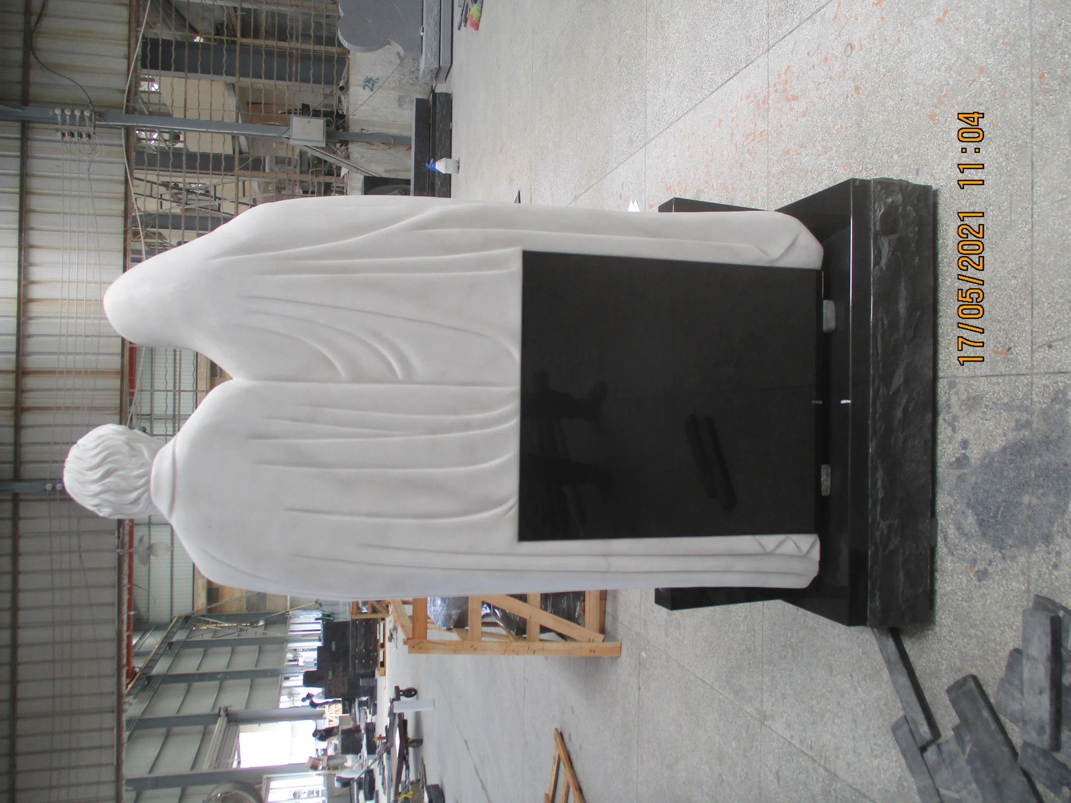 Carved Marble Angel Wing Headstone with Black Granite Plaque